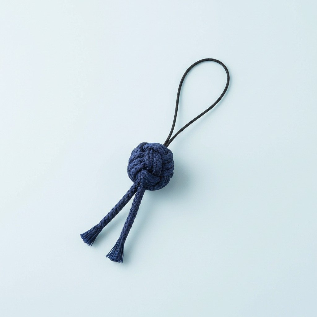 Navy Knot Phone Charm — A woven knot pendant and short tails below a fine tether.