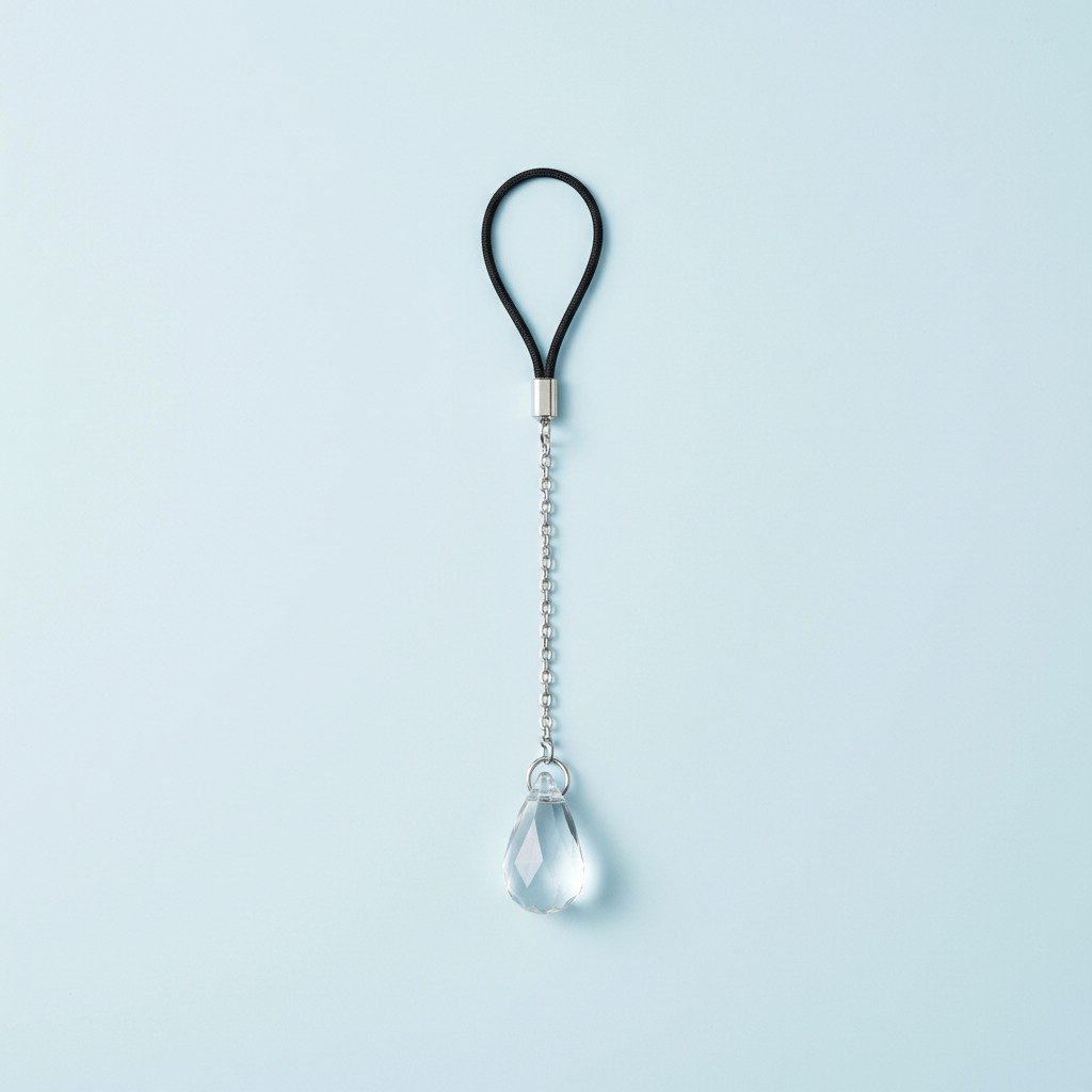 Entire clear-looking drop phone charm including chain and fine tether