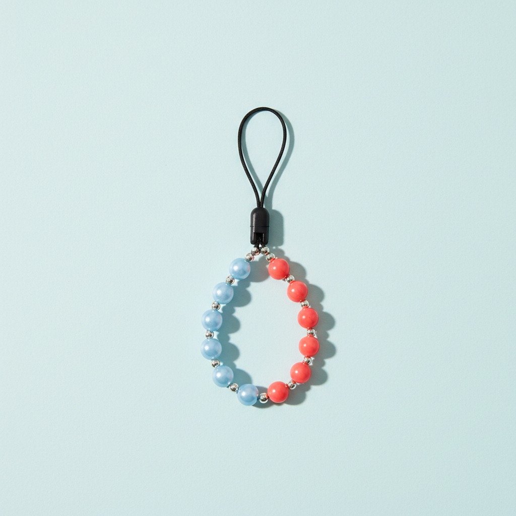Colour Loop Phone Charm — A small two-colour bead loop below a fine phone tether.
